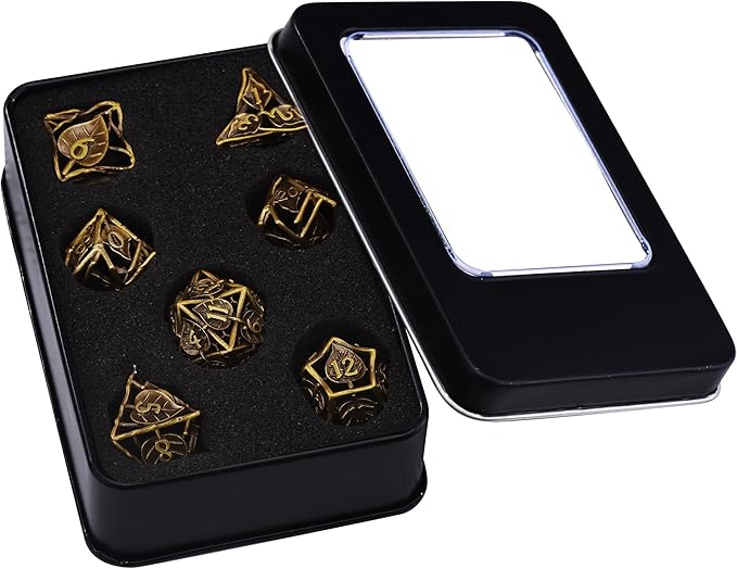 AUSTOR 7 Pieces DND Dice Set Leaf Metal Hollow Polyhedral Dice D20 D12 D10 D% D8 D6 D4 with Metal Box for Dungeons & Dragons RPG Board Games(Antique Gold)