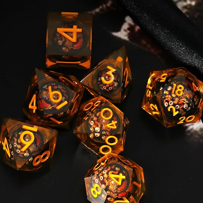 Cthulhu Beholder Polyhedral Resin Dice Set for Dungeons and Dragons Sharp Edge 7 PCS for D&D RPG Starter and Role-Playing Games, with Gift Box (Yellowish-Orange)