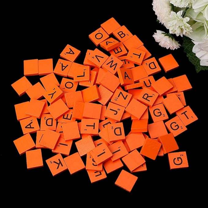 Zeaya 100Pcs/Set Wooden Colourful Scrabble Tiles Mix Letters Varnished Alphabet Scrabbles (Orange)