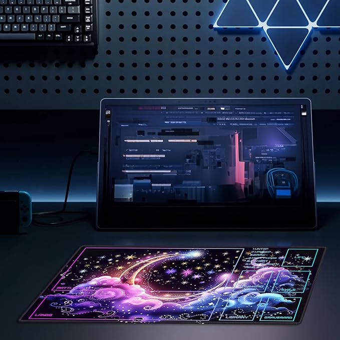 MTG Playmat Size 23.6x13.8in with Storage Bags Portable Playmat TCG and Board Game Mat for Cards Rubber Base Slip-Resistant Mousepad Desk Mat (Pink Cloudy Moon,with Zone)