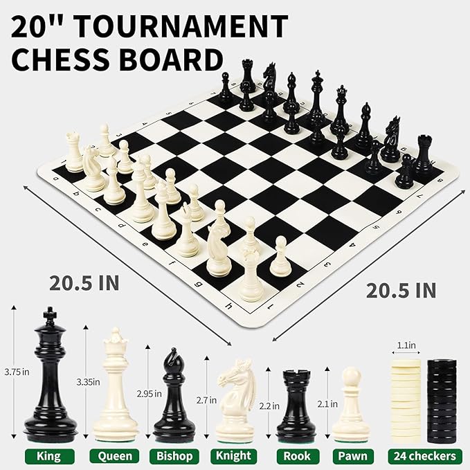 Tournament Chess Set/ 20''x20'' Foldable Silicone Chess Board / 3.75'' King Height Plastic Quadruple Weighted Classic Staunton Pieces/Storage Bag for Beginner Adult