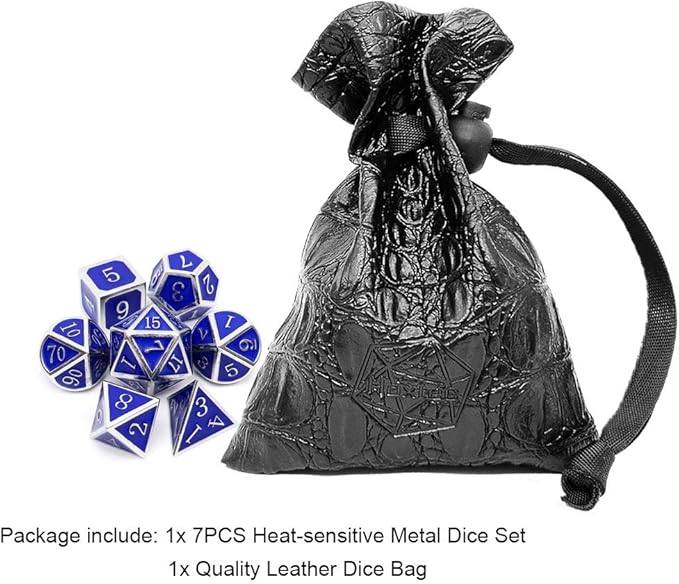 Haxtec Heat Sensitive Metal DND Dice Set Color Changing Metal Dice Temperature Polyhedral D&D Dice for RPG Dungeons and Dragons-Silver Black Blue Shift