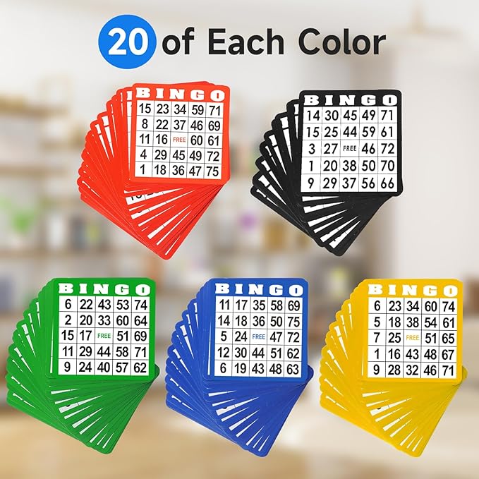 GSE Games & Sports Expert 100-Pack Multi-Color Bingo Game Cards with Easy Read Numbers, Reusable Paper Bingo Sheets for Large Groups, Family/Friend Parties