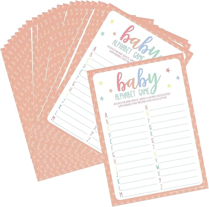 Exciting Multicolor Paper Party Games - 5" x 7" (Pack of 24) - Perfect for Baby Showers, Announcements, Birthdays & Gender Reveal, ABC