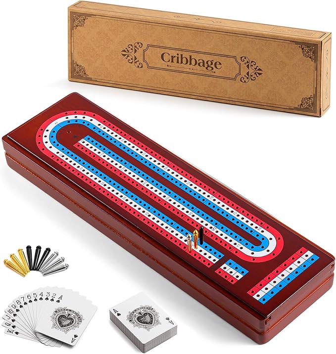 Cribbage Board Game Set with Large Storage Area, Solid Wood 3 Track Cribbage Board, 9 Metal Pegs, 2 Playing Cards and Instruction. Travel Cribbage Sets for All Ages(Vintage Color).