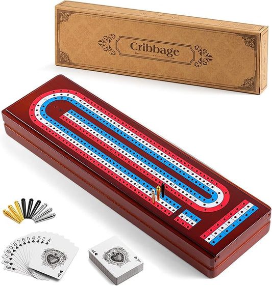 Cribbage Board Game Set with Large Storage Area, Solid Wood 3 Track Cribbage Board, 9 Metal Pegs, 2 Playing Cards and Instruction. Travel Cribbage Sets for All Ages(Vintage Color).