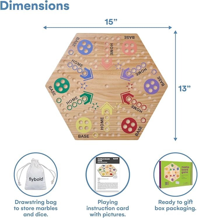 Flybold Wooden Marble Board Game Set for Adults and Kids - 6-Player Classic Strategy Game with Dice and Storage Bag - Durable Wooden Game Board for Family Fun, Indoor Parties, Picnics and BBQ Events