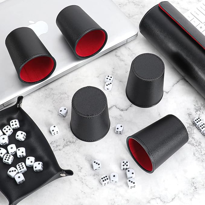 2 Set Leather Dice Cup Set, 10x Dice Cups + 50 Dice + Exclusive Storage and Transport Case Made of Faux (2 Pack Red)