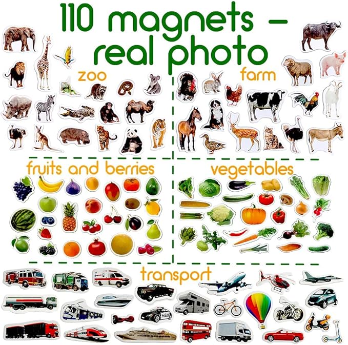 110 Fridge Magnet for Toddlers in Gift Tin Box Kids Magnets for Fridge - Realistic Magnetic Animals for Refrigerator - Safe Educational Materials for Baby: Zoo, Farm, Fruits, Vegetables, Transport