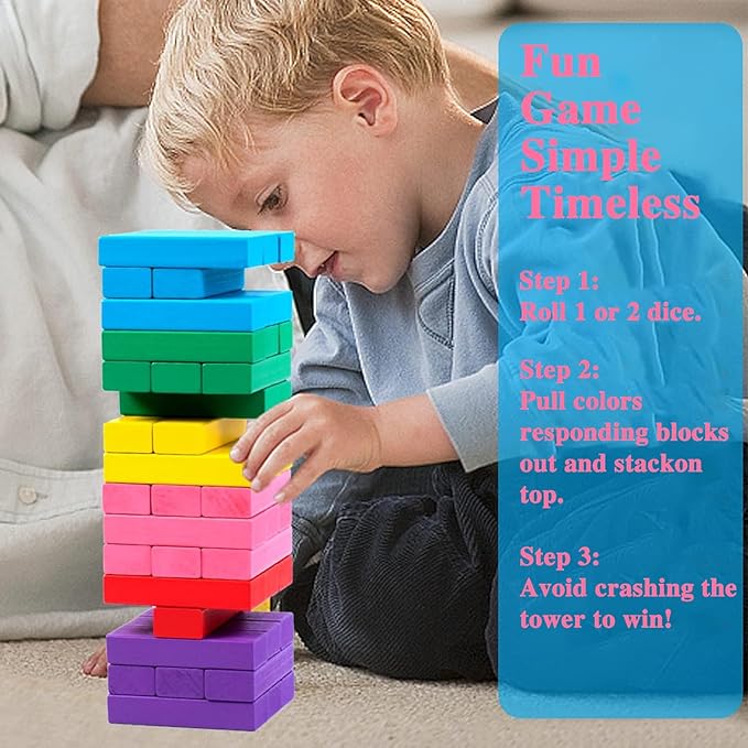 48 Pieces Stacking Board Game,Wooden Stacking Colorful Stacking Board Games,Tumble Tower with Dice,Stacking Building Blocks for Kids Boys Girls Gifts,Stacking Game with Storage Bag