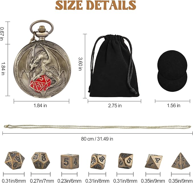 D&D Dice Set,7PCS Metal Dice for Dungeons and Dragons,Mini Dice Set with Pocket Watch Case,Role Playing Board Games Accessories (Dragon-R, Bronze)