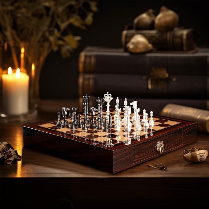 AMEROUS 20 Inches Wooden Chess Set with Metal Chess Pieces- 4.5'' King - 2 Built-in Storage Drawers - Gift Packaging,Tournament Chess Board Games for Adults and Kids