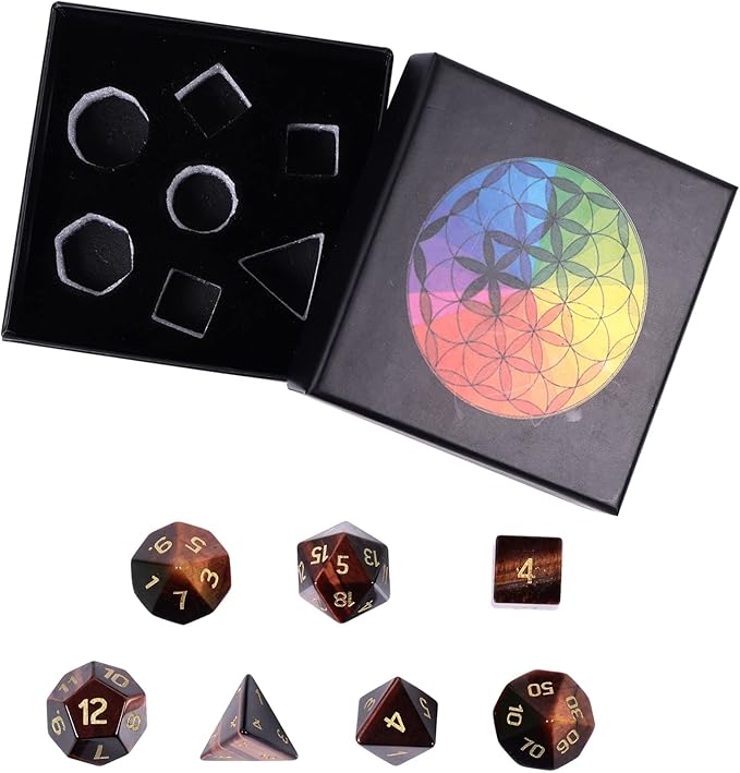 TUMBEELLUWA Engraved Crystal Stone Polyhedral Dice Set for RPG MTG Dungeons and Dragons Table Game 7 Pieces DND Board Game Dices with Pouch, Red Tiger’s Eye Stone