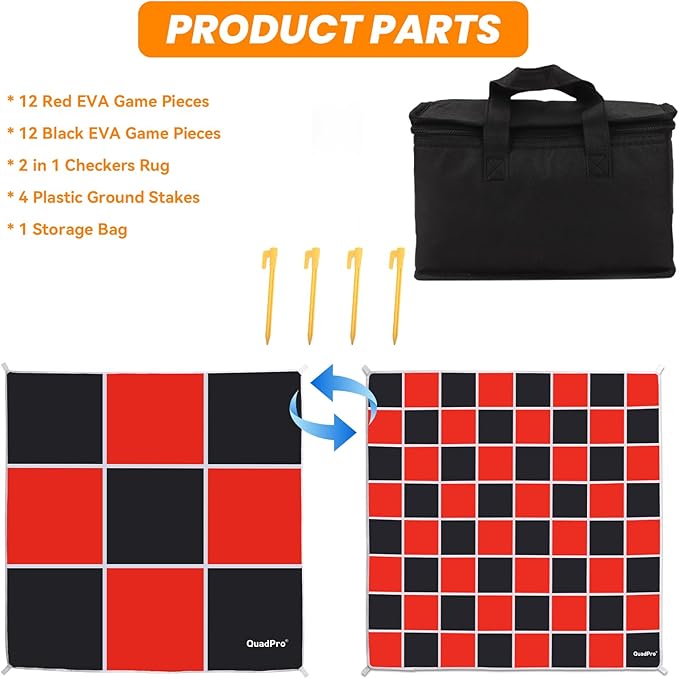2-in-1 Giant Checkers Board Game & Tic Tac Toe Game Set, Jumbo Outdoor Lawn Games with 4.6x4.6ft Machine-Washable Mat & 4 Ground Stakes - Perfect Backyard Games for Kids & Adults