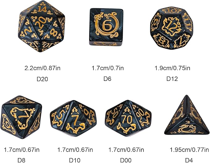 7-Die DND Dice Set Dragon Pattern Polyhedral Dice Set with Leather Bag D&D Dice Set for Dungeons and Dragons RPG MTG Table Games (Black W/Gold Dragon Pattern)