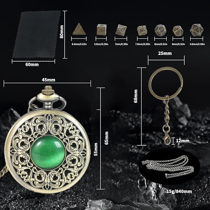 Mini DND Dice Set with Watch Shell and Keychain, Portable 7PCS Polyhedral Metal Dice Set Perfect for Dungeons and Dragons Gifts, MTG, Role Playing Board Games Accessory (Ancient Bronze)