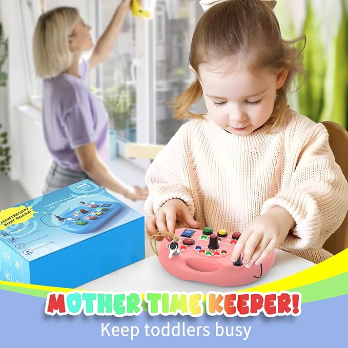 Toddler Busy Board with Led Light Switch, Travel Sensory Board Montessori Toddlers Fat Brain Toys 1-2 Year Old, Baby Educational Activities Travel Essential Toys Ideal Christmas & Birthday Gift (Pink)
