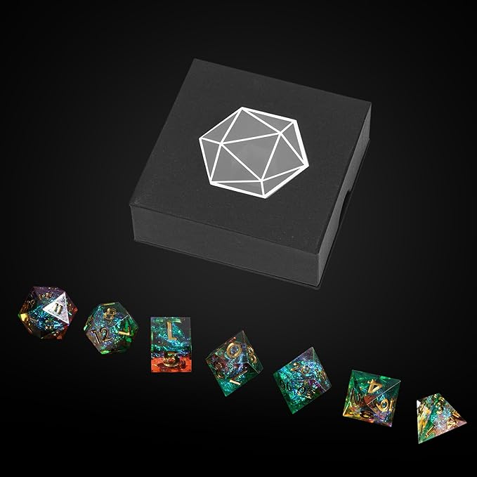 7PCS DND Dice Set,Handmade Sharp Edge Dice Set D&D RPG Polyhedral Die,for Dungeons and Dragons TTRPG Games Roleplaying Games Pathfinder,with Gift Box(Green with Brown)