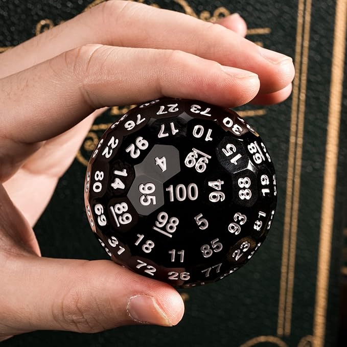 Upgraded 100 Sided Dice, 50mm Polyhedral D100 Die, D&D Game Dice, Cube with Metal Storage Tin (Black/White Font)