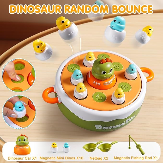 4 IN 1 Dinosaur Pop Up Board Games for Kids Magnetic Fishing Turntable Rotating Music Dino Car Tic-Tac-Toe Developmental Toys Boy Girl Birthday Gift Family Operation Games Toddlers 3-5 4-6 5-7 4-8