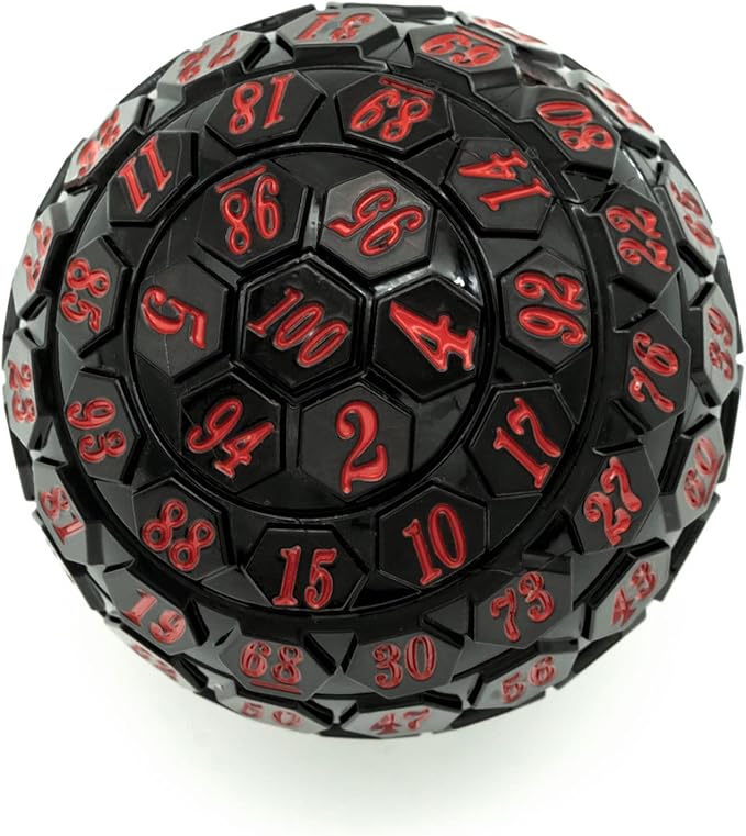 100 Sided Polyhedral Dice, Single D100 Game Dice, 100 Sided Cube with Black Pouch, D100 die 48 mm (Black with Red Number)