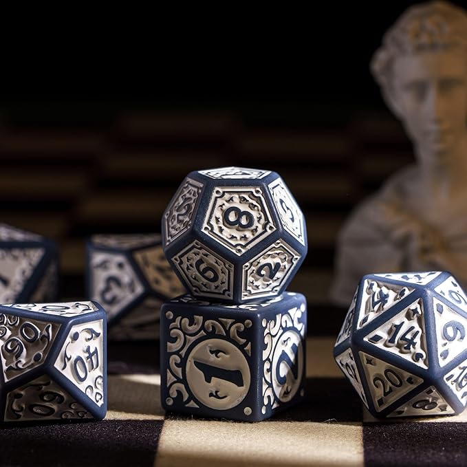 7-Die DND Dice Set New Pattern Polyhedral Dice Set with Leather Bag D&D Dice Set for Dungeons and Dragons RPG MTG Table Games(Blue White)