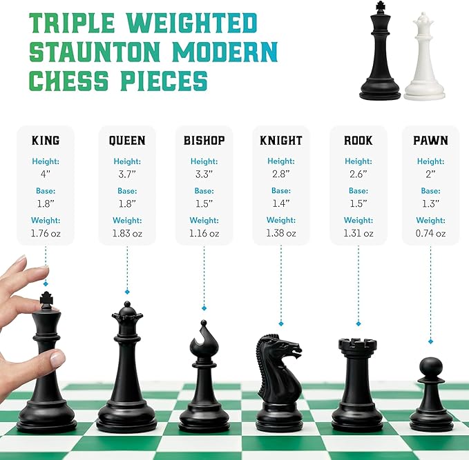 Best Chess Set Ever 3X Triple Weighted Tournament Size Chess Game (4" King) Large Staunton Modern Pieces, 20x20 Big Double-Sided, Roll Up Silicone Mat, Professional Chess Board Set for Adults & Kids