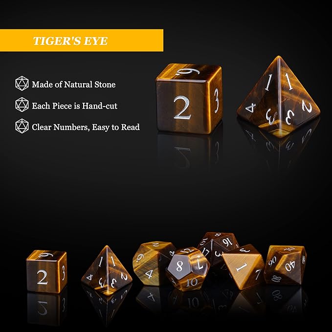 UDIXI Stone DND Dice Set, 7PCS Tiger's Eye Gemstone D&D Dice for Dungeons and Dragons, Role Playing Dice for RPG Table Games