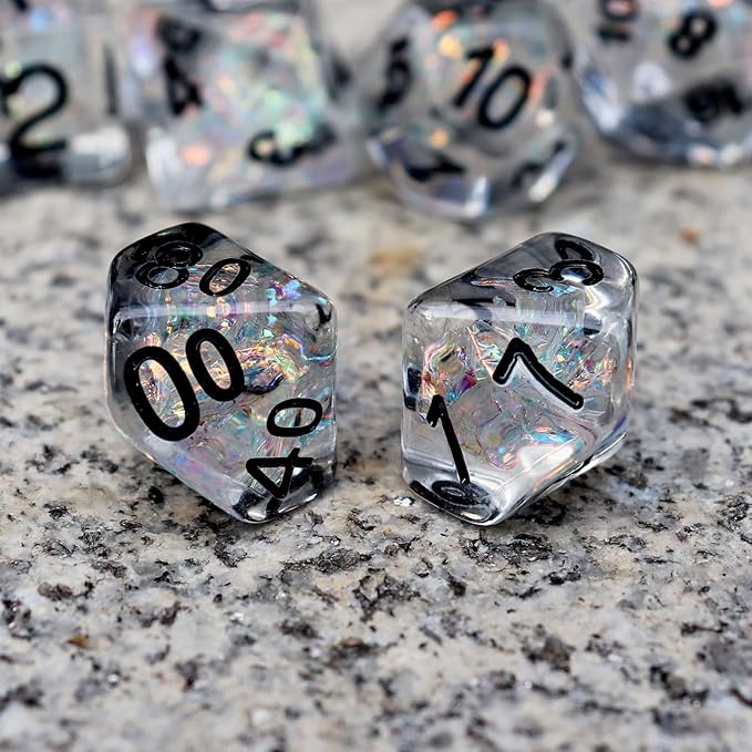 Haxtec Clear DND Dice Set 7PCS Filled Resin Polyhedral D&D Dice W/Iridescent Rainbow Mylar Inclusion for Roleplaying Games Dungeons and Dragons Gift