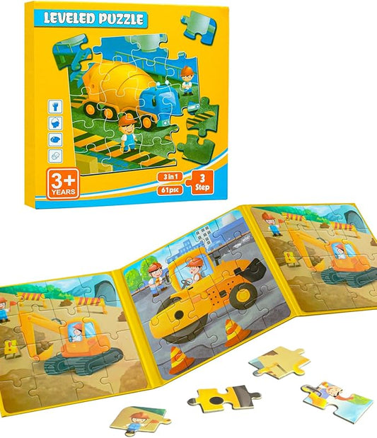Magnetic Puzzles for Toddlers 3-5, 3 in 1 Travel Puzzles for Kids Ages 4-6, Excavator Truck Jigsaw Puzzle Book Road Trip Activities Toys for 3 4 5 6 Year Old Girls Birthday (Engineering)