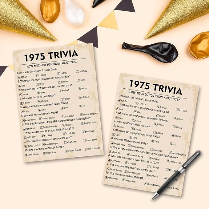 50th Birthday Party Games, 1975 Trivia Games, Birthday Party Supplies for Adults, Fun 1975s Party Game，Pack of 30 Cards