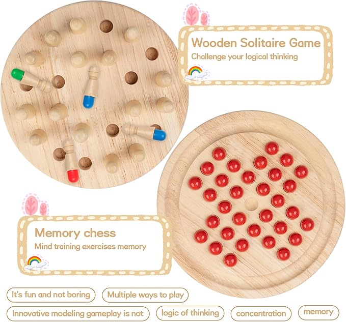 Wooden Memory Chess, Double-Sided Color, Kids Wooden Memory Match Stick Chess with Storage Bag
