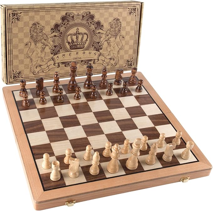 AMEROUS Magnetic Wooden Chess Set, 15 Inches Handmade Wooden Folding Travel Chess Board Game Sets with Chessmen Storage Slots for Kids and Adults, 2 Bonus Extra Queens, Gift Box Packed