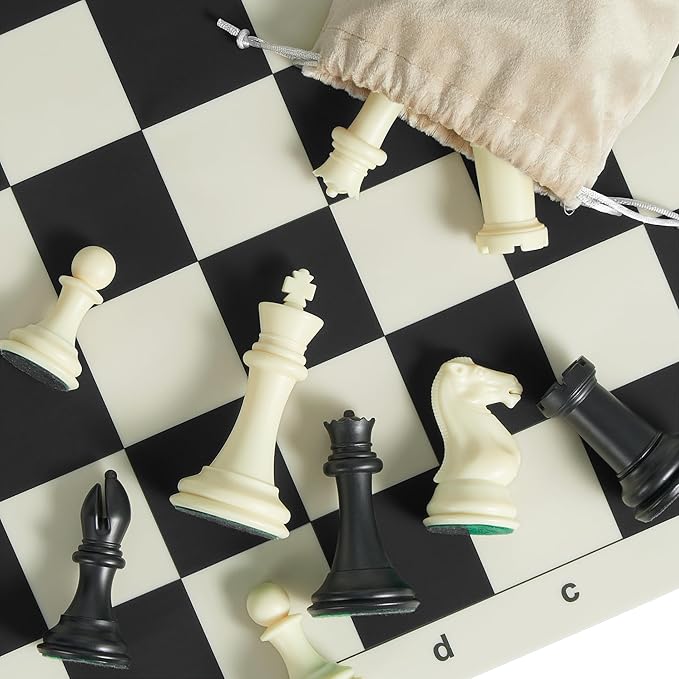 Tournament Chess Set with 20" Silicone Chess Board Mat - 4" King Plastic Weighted Staunton Pieces 2 Extra Queens - Portable EVA Carrying Case for Travel