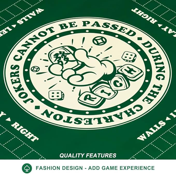 Mahjong Mat with Rules for Table,Non-Slip and Silent,Comes with 2 Dice and 1 Coral Velvet Mahjong Mat Storage Bag (Green)