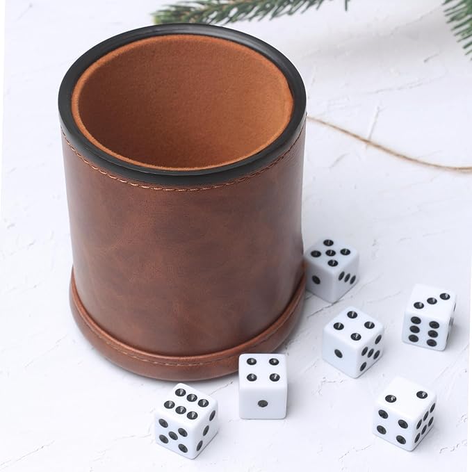 Brown PU Leather Dice Cup Set, Felt Lined Dice Shaker with 6 Dice for Liars Farkle Yahtzee Game