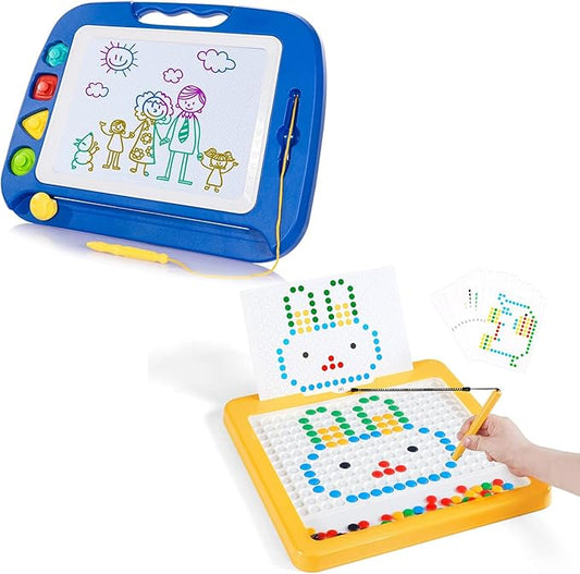 SGILE 2 Pack Magnetic Drawing Board, Magna Dots Doold Pad and Large Magnet Sketch Tablet for Kids, Early Learning Sensory Art Toddler Toys Preschool Travel Gifts for Boys Girls Age 18 Month+