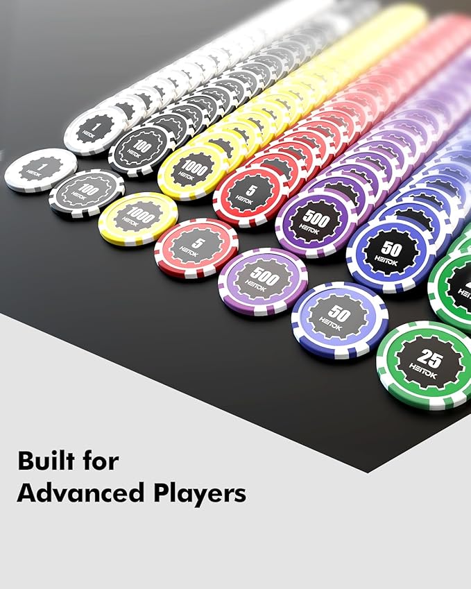 Poker Chips with Denominations, 600-pcs 11.5g Weighted Numbered Casino Chips Set, 5 Dice, 2 Decks with Compact Aluminum Case for Texas Hold'em, Blackjack.