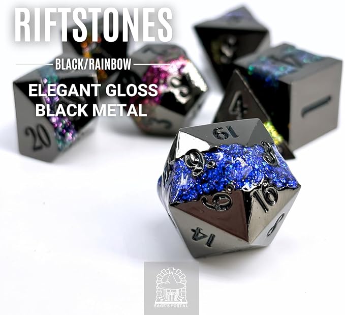 Sage's Portal Metal Riftstone DND Dice 7-PC Polyhedral Dice Set for DND TTRPG Dungeons and Dragons Pathfinder Oversized Designer Dice (Gloss Black/Rainbow)