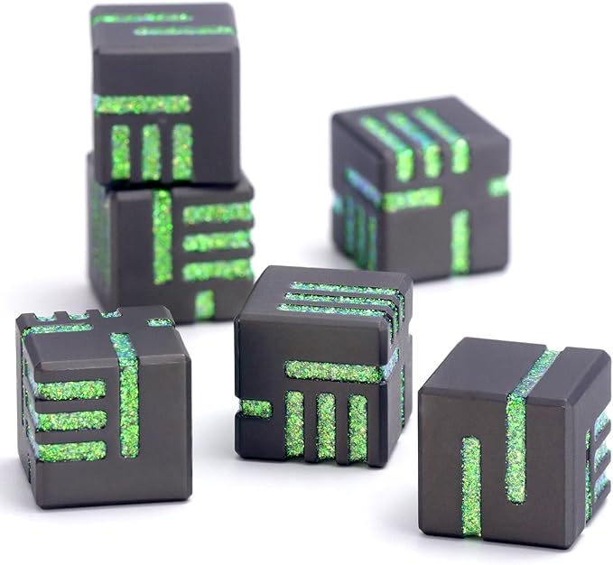 D6 Metal Dice, 16mm 6 Sided Dice Set, ZHOORQI 6Pcs/Set Tech-Themed New Concept Glittery Lines D6 Dice for DND, Tabletop RPGs Gifts（D6-Glitter Green）