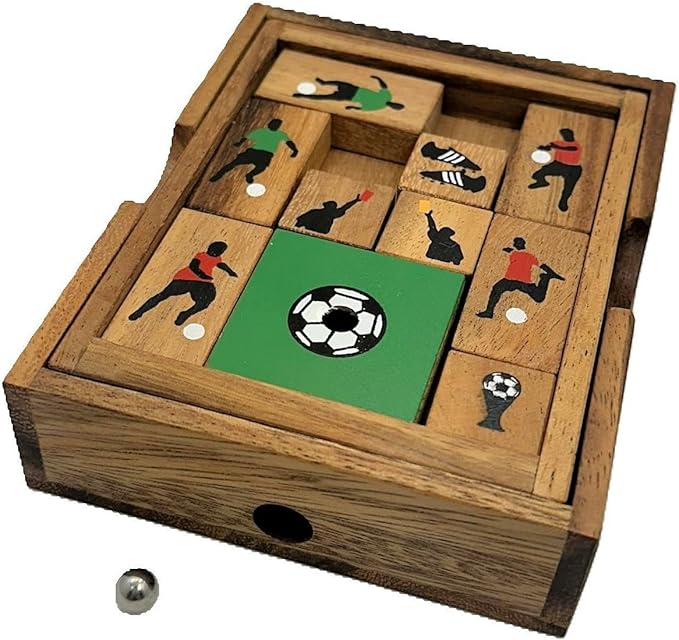 Soccer Field Sliding Block Klotski Brain Teaser Wooden Puzzle Gift Idea for Soccer Game Lovers - IQ Travel Play Game
