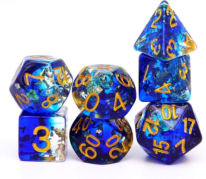 Haxtec DND Dice Set 7PCS Polyhedral Dice for Roleplaying Dice Games as Dungeons and Dragons-Blue Clear Gold Foil