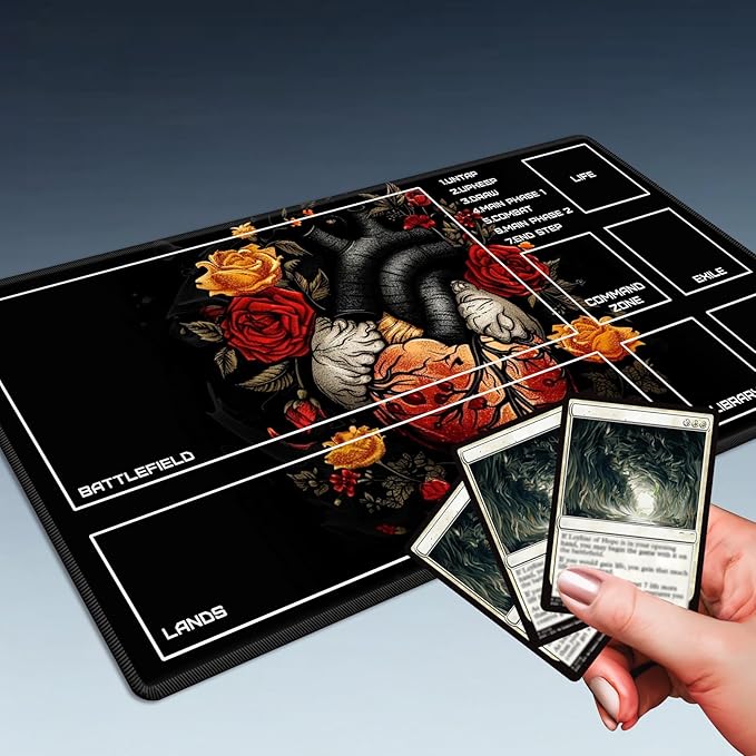 MTG Playmat Size 23.6x13.8in with Storage Bags Portable Playmat TCG and Board Game Mat for Cards Rubber Base Slip-Resistant Mousepad Desk Mat (Floral Heart,with Zone)