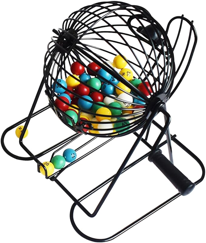 Yuanhe Deluxe Bingo Game Set - Metal Round Cage, 75 Colored Balls, 50 Bingo Cards, 300 Mixed Chips and Master Board for Large Groups, Parties