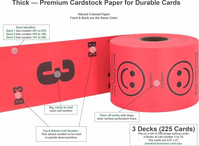 225 Bingo Calling Cards, Red (1 of 3 Colors), 3 Decks of 75 Cards, 3.5” x 2", for Every Bingo Events, Replace Cage & Master Board