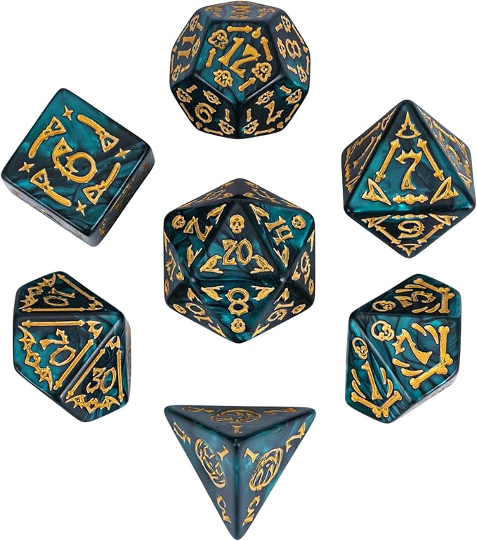 7-Die DND Dice Set Halloween Pattern Polyhedral Die Set with Leather Bag, Skull Dice D&D Die for Dungeons and Dragons RPG Table Games (Halloween Pattern-Green)
