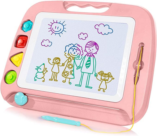 SGILE Large Magnetic Drawing Board - 4 Colors 16×13in Doodle Pad with 4 Stamps for Toddlers, Learning Toy Board Etch Sketch Gift for 36+ Month Kids Girls Boys, Light-Pink