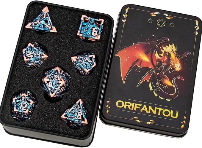 Hollow DND Dice Set Metal Wizard Dice with Box, 7pcs Blue Polyhedral D and D Dice for use with D&D RPG Tabletop Games Role Playing Game