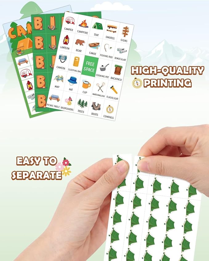Camping Bingo Game Outdoor Indoor Activities Hike Field Trip Supplies Party Favors Card Games for Adults 24 Players Family Fun