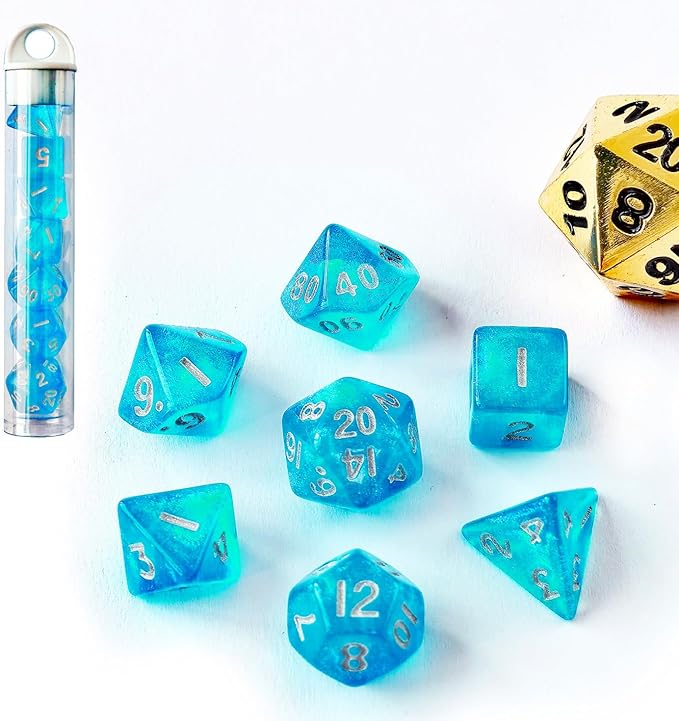 Moonstone 10mm Mini DND Dice Set for MTG RPG Dungeons and Dragons Role Playing Game, Moonstone Light Blue Color